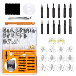 upgraded all-in-one magnetic eyeglass repair kit with magnifying glass, repair tool kit with 12 interchangeable screwdriver bits, nose pads, screws and tweezer for eyeglass, sunglass, watch, laptop