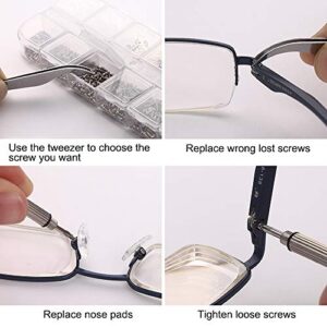 Sunglasses Eyeglasses Repair Kit, 1100PCS Tiny Stainless Steel Screws and 5 Pairs Nose Pads with Micro Screwdriver Tweezer for Watch Clock Spectacle Eyewear Repair