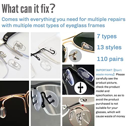 mingbuy Eyeglass Repair Kit Eyeglass Nose Pads Glasses Repair kit with Screws 220 Pcs 110 Pairs 13 Types of Nose Pads for Eyeglasses, Sunglasses, Watch Repair kit