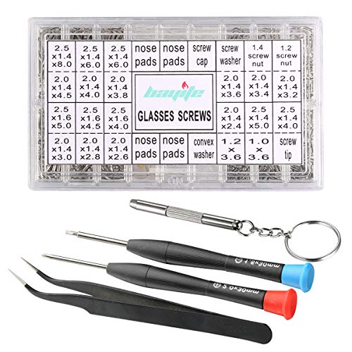 bayite Eyeglass Sunglass Repair Kit with Nose Pads (4 Types, 8 Pairs) Screws Tweezers Screwdriver 21 Types 1000Pcs Assortment Screws for Watch