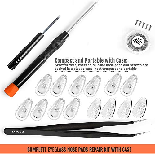 Eyeglasses Nose Pads, TEKPREM Glasses Nose Pads Replacement Repair Tools Kit with 5 Pairs of Air Chamber Silicone Nose Pads,Screws,Screwdrivers,Tweezer and Cleaning Cloth for Glasses and Sunglasses