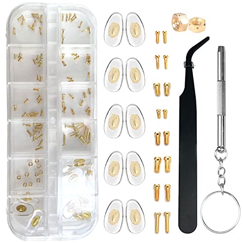 Eyeglass Repair Kit BAZQU 5 Pairs Nose Pads with Tiny Screws Nut Bolts Screwdriver and Tweezers for Glasses Sunglasses Spectacle Watch Repair, Gold