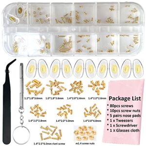 Eyeglass Repair Kit BAZQU 5 Pairs Nose Pads with Tiny Screws Nut Bolts Screwdriver and Tweezers for Glasses Sunglasses Spectacle Watch Repair, Gold