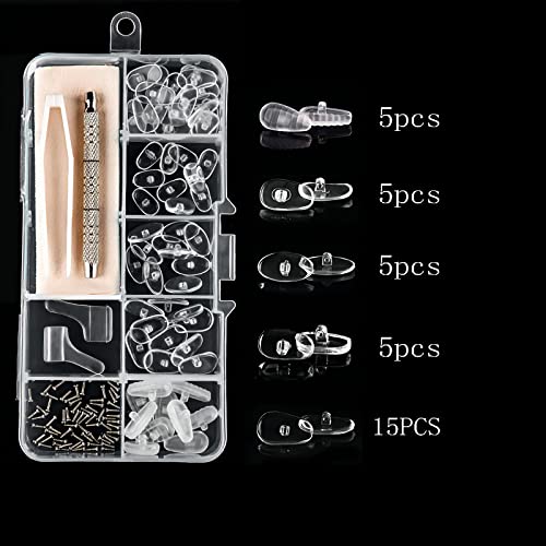 Eyeglass Repair Kit with Box- 50pcs Nose Pad Screws, 35 Pairs of Soft Silicone Nose Pads, Non-Slip Ear Hook, Tweezer,Screwdriver & Cleaning Cloth - for Glasses, Sunglasses Nose Pad Replacement Kit