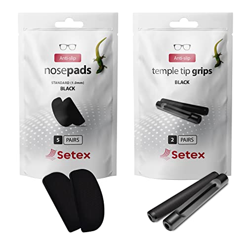 Setex Eyeglass Gecko Grip Bundle, Temple Tip Grips (2 Black Pair) + Anti Slip Eyeglass Nose Pads (5 Black Pair, 1mm), USA Made, Innovative Microstructured Fibers