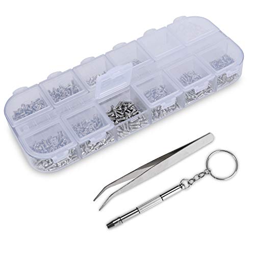 HQMaster 1100Pcs Eyeglass Glasses Spectacles Tiny Screws Nut Washer Assortment + 5 Pairs Nose Pads Repair Tool Kit Set with Tweezer Micro Screwdriver (Rectangular Case)