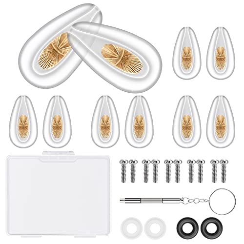 SMARTTOP Eyeglasses Nose Pads and Eyeglasses Ear Grips Set, Upgrade Silicone Air Chamber Metal-Core Nose Pads Repair Kits with Ear Hooks, Screwdriver and Screw (Gold)