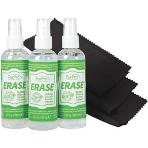 forpro erase instant glass & screen cleaner kit, for tv screens, smartphones, eyeglasses, mirrors - includes 3.3 oz. bottle and microfiber cleaning cloth (pack of 3)