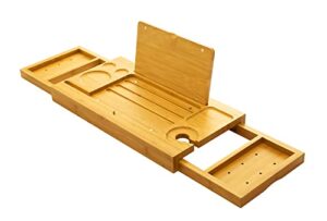 premium bamboo bath tray table,bathtub caddy table with book wine phone holder,expandable bathtub tray with 2 sliding trays