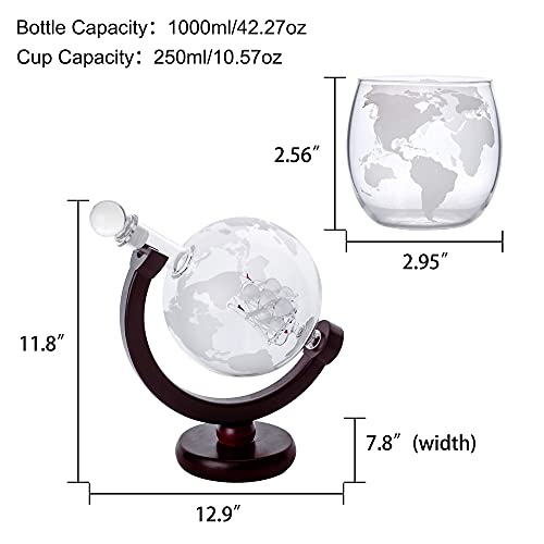 Whiskey Decanter Globe Set with 2 Etched Whisky Glasse