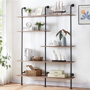 homissue industrial bookshelf 5-tier open wall mount ladder bookshelf, modern bookcase with metal frame and wood for home office, wall mounted industrial iron pipe shelf, oak brown