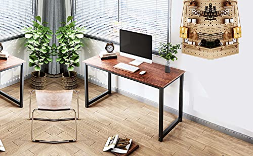 USHOW Computer Desk 63" Modern Simple Style for Home Office Bedroom Black Metal Frame and Large Workstation, Sandalwood Board Black Leg, Dark Rustic,Sandalwood