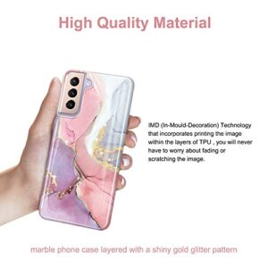 JIAXIUFEN Galaxy S21 Plus Case Gold Sparkle Glitter Marble Slim Shockproof TPU Soft Rubber Silicone Cover Phone Case for Samsung Galaxy S21+ / S21 Plus 5G 6.7 inch Pink Purple