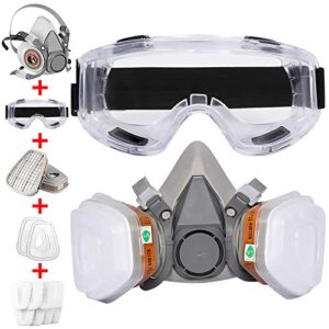 half facepiece reusable respirator with filters - gas respirator with goggle professional painting respirator face cover against chemical organic vapor, woodworking, car spraying, sanding, welding