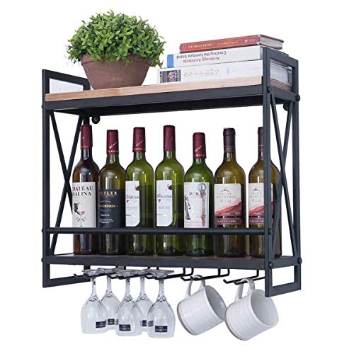 Small and Beauty Wine Glass Rack Wall Mounted,23.6in Industrial Wall Wine Racks for Wine Bottles,2-Tier Wood Shelf Wine Holder,Hanging Wine Racks with 5 Stem Glass Holder,Mugs Racks(Black Metal)