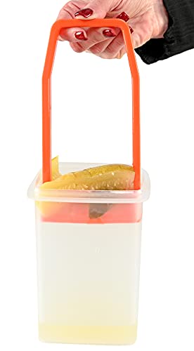 HOME-X Pickle Storage Container, Straining Pickle Jar, Filter Insert, Sieve Food Saver Container, 7 ½” L x 4 ¼” W x 4 ¼” H, Orange