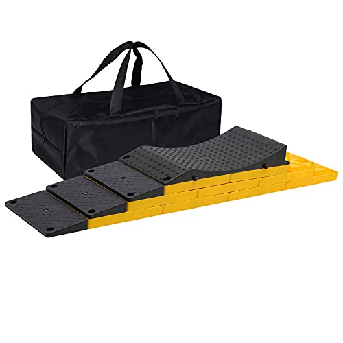 Homeon Wheels RV Leveling Blocks, Heavy Duty Camper Leveling Blocks and Chocks Anti-Slip Pads One Top Tire Saver Ramp, 3 Black Slanted Ramps, 9 Interlocking Leveling Blocks with Storage Bag(WH-202P)