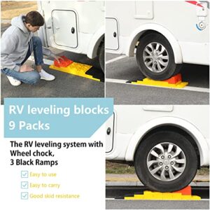 Homeon Wheels RV Leveling Blocks Ramp Design 9 Pack Interlocking Leveling Blocks with One Wheel Chock Camper Leveling Blocks with Carrying Bag