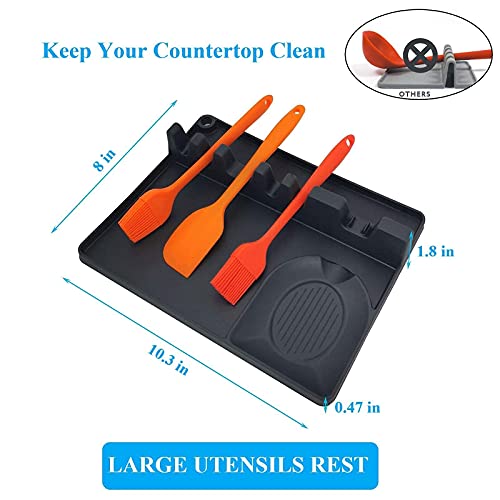 DflowerK Silicone Spoon Rest Utensil Rest with Drip Pad 5 Slotted & 1 Spoon Holder for Kitchen Counter Stove Top Heat Resistant Large 10.3" X 8" (Night Black)