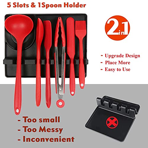 DflowerK Silicone Spoon Rest Utensil Rest with Drip Pad 5 Slotted & 1 Spoon Holder for Kitchen Counter Stove Top Heat Resistant Large 10.3" X 8" (Night Black)