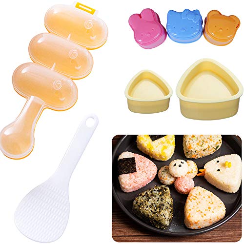 7 Pcs Sushi Maker Tool Set 1 Rice Ball Mold 2 Size Triangle Sushi Mold 3pack Animal Rice Decorating Mold  and 1 Piece Rice Paddle for Home DIY Sushi Making kit