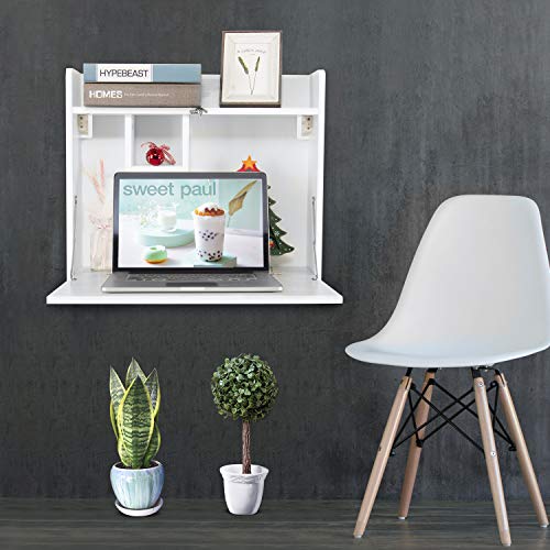 FINEWISH Wall-Mounted Table,Multifunctional Foldable Wall-Mounted Laptop Home Desk with Storage Rack,Space-Saving Wall cabinets at Home and Office,Beige White Black Brown (White)