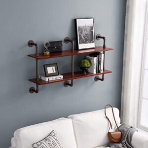 ivinta industrial pipe shelves with wood 2-tiers, rustic wall mount shelf, metal hung bracket bookshelf, diy storage shelving floating shelves