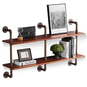 ivinta Industrial Pipe Shelves with Wood 2-Tiers, Rustic Wall Mount Shelf, Metal Hung Bracket Bookshelf, DIY Storage Shelving Floating Shelves