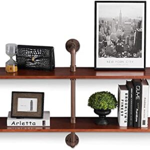 ivinta Industrial Pipe Shelves with Wood 2-Tiers, Rustic Wall Mount Shelf, Metal Hung Bracket Bookshelf, DIY Storage Shelving Floating Shelves