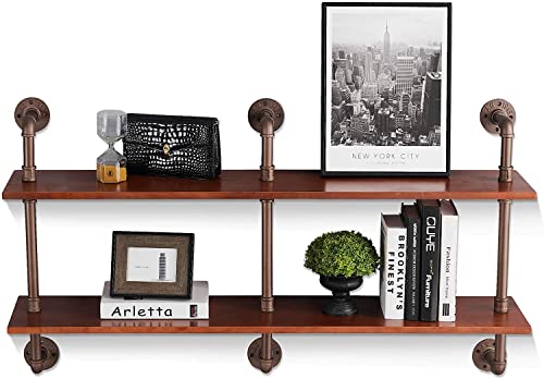 ivinta Industrial Pipe Shelves with Wood 2-Tiers, Rustic Wall Mount Shelf, Metal Hung Bracket Bookshelf, DIY Storage Shelving Floating Shelves