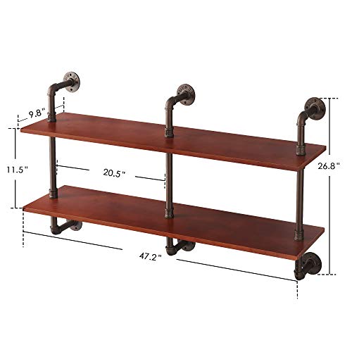 ivinta Industrial Pipe Shelves with Wood 2-Tiers, Rustic Wall Mount Shelf, Metal Hung Bracket Bookshelf, DIY Storage Shelving Floating Shelves