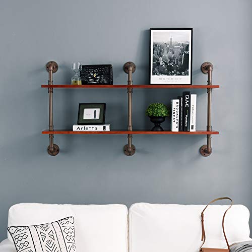 ivinta Industrial Pipe Shelves with Wood 2-Tiers, Rustic Wall Mount Shelf, Metal Hung Bracket Bookshelf, DIY Storage Shelving Floating Shelves