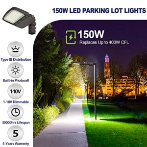 CINOTON LED Parking Lot Lighting with Dusk to Dawn Photocell, Commercial LED Shoebox Light Slip Fitter 5000K Daylight Large Area Yard Street Lights, Waterproof IP65 Outdoor Pole Light 150W, Pack of 2