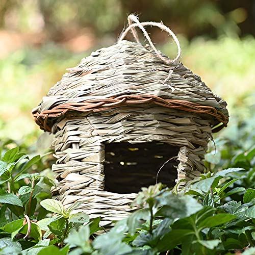 OPTIMISTIC Straw Bird Nest Cage House Hatching Breeding Cave for Small Parrot, Canary Cockatiel or Other Birds Hut Hand Woven Hanging Birdhouse Hideaway for Finch & Canary