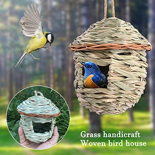 OPTIMISTIC Straw Bird Nest Cage House Hatching Breeding Cave for Small Parrot, Canary Cockatiel or Other Birds Hut Hand Woven Hanging Birdhouse Hideaway for Finch & Canary