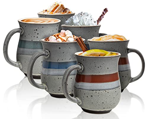 16 oz Ceramic Rustic Mugs - Set of 6 - Multicolor Farmhouse Mugs for Coffee, Tea & More - Dishwasher & Microwave Safe Novelty Mugs Made of Chip-Free Ceramic - Farmhouse Kitchen Décor- Grey