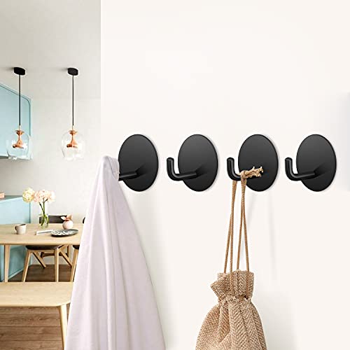 SouLips Adhesive Hooks, Self Adhesive Black Wall Mount Hanger for Key Robe Coat Towel, Heavy Duty Super Strong Stainless Steel Hooks for Kitchen Bathroom Toilet, No Drill No Screw, Waterproof, 4 Pack