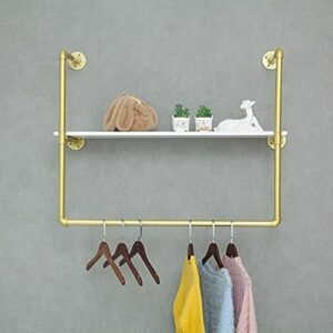 industrial pipe wall mounted garment rack with top shelf, detachable pipe clothes rack, space-saving hanging bar, detachable multi-purpose rod for closet storage, gold, 47.2x10 inches