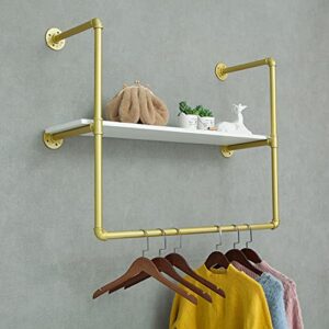 Industrial Pipe Wall Mounted Garment Rack with Top Shelf, Detachable Pipe Clothes Rack, Space-Saving Hanging Bar, Detachable Multi-Purpose Rod for Closet Storage, Gold, 39.3x10 Inches
