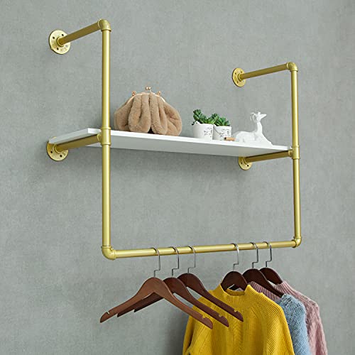 Industrial Pipe Wall Mounted Garment Rack with Top Shelf, Detachable Pipe Clothes Rack, Space-Saving Hanging Bar, Detachable Multi-Purpose Rod for Closet Storage, Gold, 39.3x10 Inches