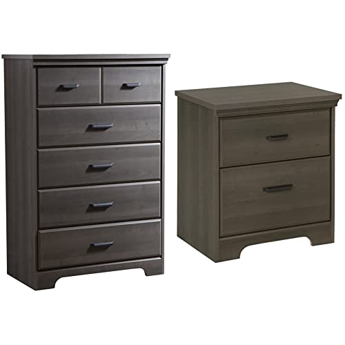 South Shore Versa Collection 5-Drawer Dresser, Gray Maple with Antique Handles & Versa 2-Drawer Nightstand, Gray Maple