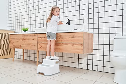 UNCLE WU Kid-Friendly Step Stool - Lightweight and Easy to Clean - Bathroom Safety Sturdy Bottom as Toilet Stool/Dual Height & Wide Two Step Stool for Toddler/Adult (Gray White) 2 Pack