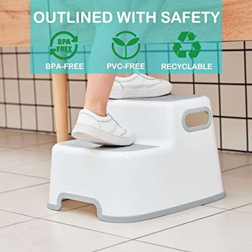 UNCLE WU Kid-Friendly Step Stool - Lightweight and Easy to Clean - Bathroom Safety Sturdy Bottom as Toilet Stool/Dual Height & Wide Two Step Stool for Toddler/Adult (Gray White) 2 Pack