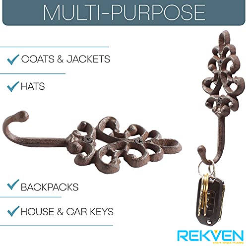 REKVEN - Decorative Cast Iron Spear Hooks, Wall Mounted (Rustic Brown)