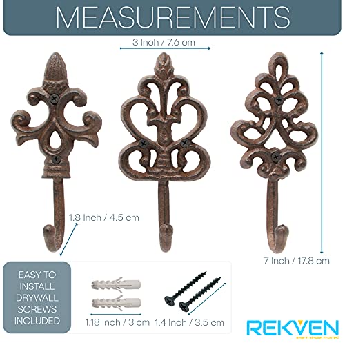 REKVEN - Decorative Cast Iron Spear Hooks, Wall Mounted (Rustic Brown)