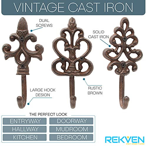 REKVEN - Decorative Cast Iron Spear Hooks, Wall Mounted (Rustic Brown)