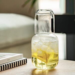 Sizikato 25 Oz Vertical Stripes Clear Glass Bedside Night Water Carafe with Tumbler Glass.