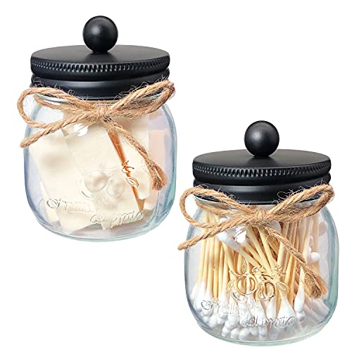 DICOBEE Qtip and Cotton Ball Holder Set, Clear Jars for Bathroom Storage, Glass Apothecary Jars Bathroom Canisters for Cotton Swabs,Rounds,Bath Salts,Makeup Sponges, Large Vanity Jars with Lids 2 Pack