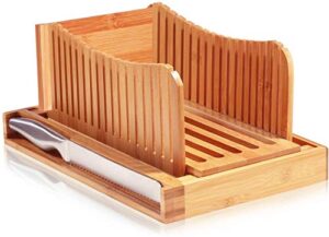 raxxio bamboo bread slicer with knife, adjustable, foldable and compact with crumb tray, bread cutter for homemade bread, loaf cakes, bagels slicer, 3 different size slices