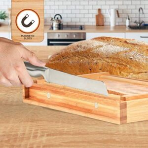 RAXXIO Bamboo Bread Slicer with Knife, Adjustable, Foldable and Compact with Crumb Tray, Bread Cutter for Homemade Bread, Loaf Cakes, Bagels Slicer, 3 Different Size Slices